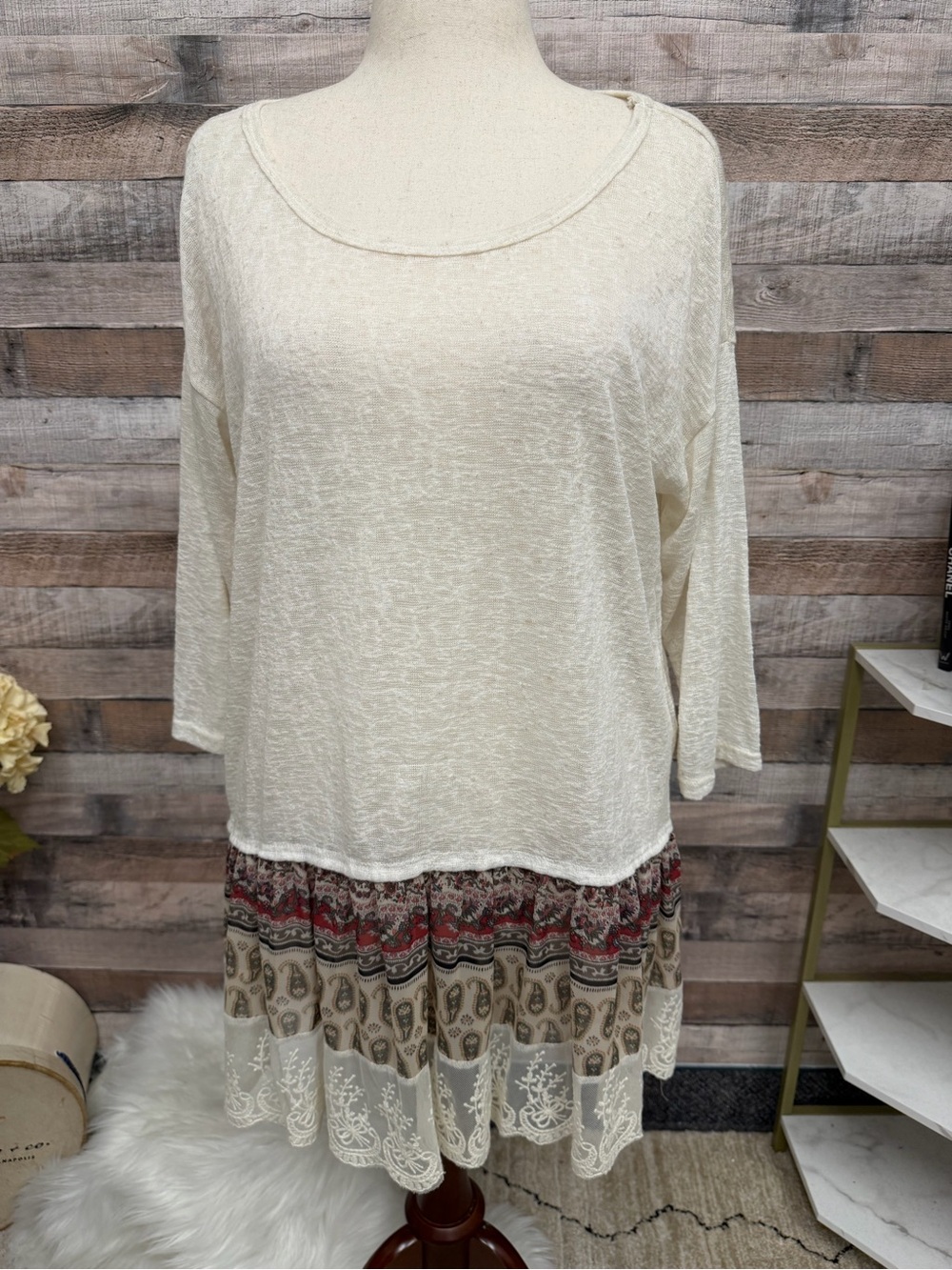 My Story Cream Sheer Tunic /w Paisley & Lace Ruffle Hem